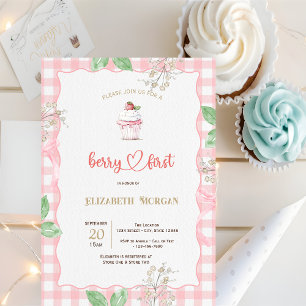 Strawberry Cupcake Frame Plaid Baby Shower Invitation