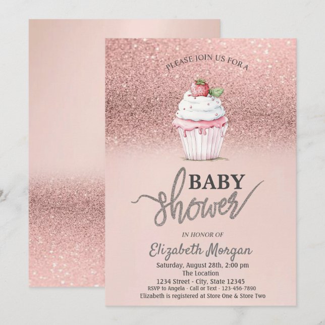 Strawberry Cupcake Rose Gold Glitter Baby Shower Invitation (Front/Back)