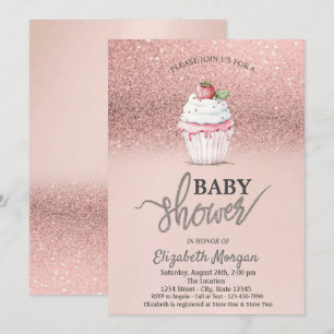 Strawberry Cupcake Rose Gold Glitter Baby Shower Invitation