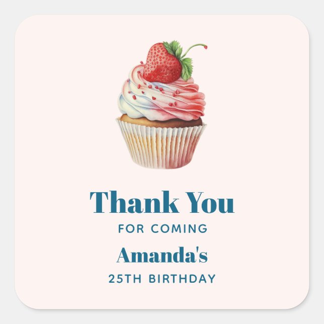 Strawberry Cupcake Sweet Birthday Thank You Square Sticker (Front)