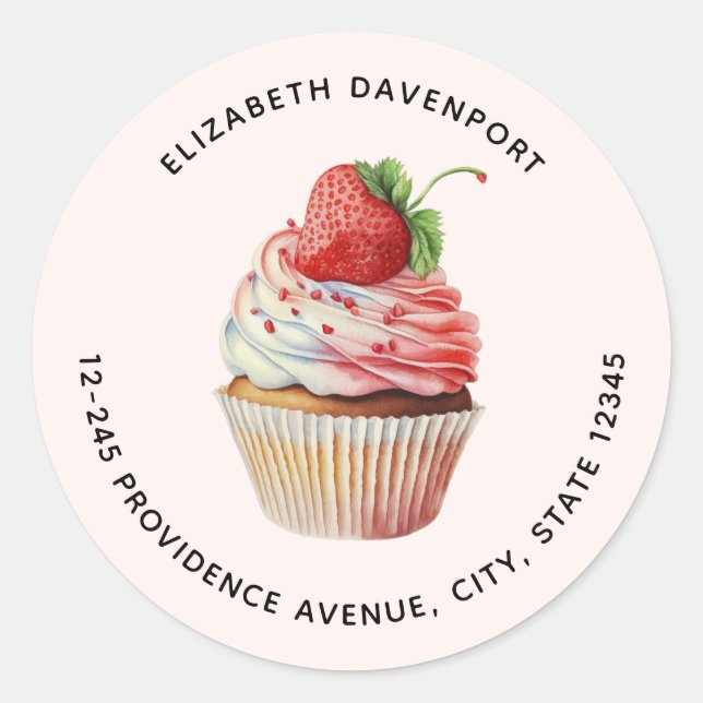 Strawberry Cupcake Sweet Dessert Address Classic Round Sticker (Front)