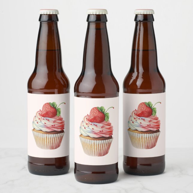 Strawberry Cupcake Sweet Dessert Beer Bottle Label (Bottles)