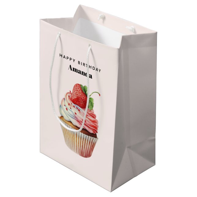 Strawberry Cupcake Sweet Dessert Birthday Medium Gift Bag (Front Angled)
