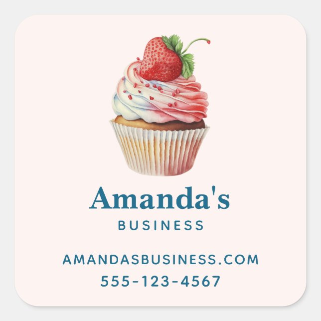 Strawberry Cupcake Sweet Dessert Business Square Sticker (Front)