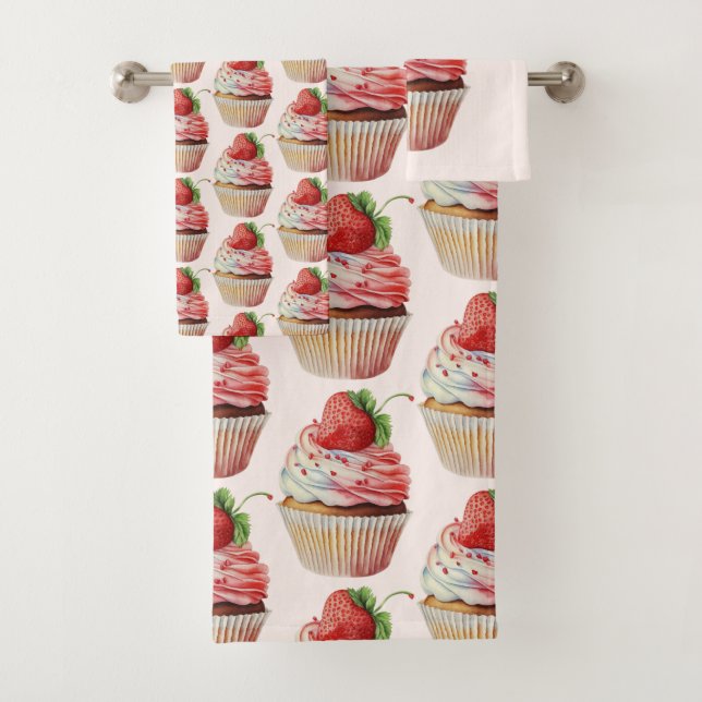 Strawberry Cupcake Sweet Dessert Pattern Bath Towel Set (Insitu)
