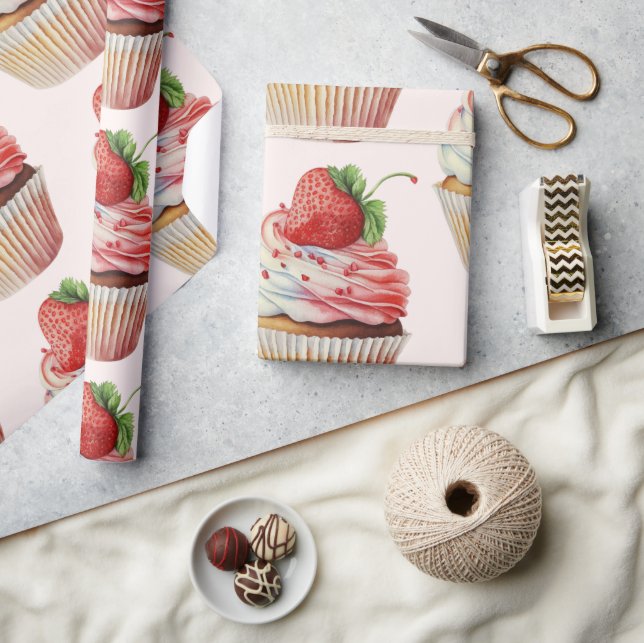 Strawberry Cupcake Sweet Dessert Pattern Wrapping Paper (Crafts)