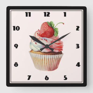 Strawberry Cupcake Sweet Dessert Square Wall Clock