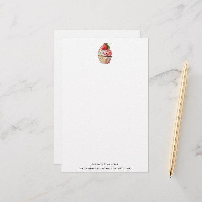 Strawberry Cupcake Sweet Dessert Stationery (Front/Back In Situ)