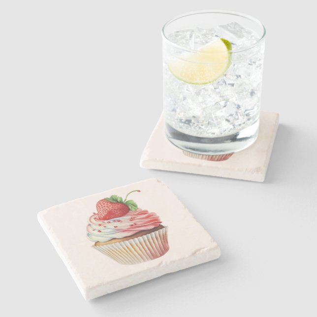 Strawberry Cupcake Sweet Dessert Stone Coaster (Side)