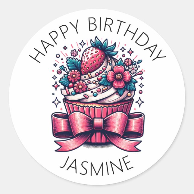 Strawberry Cupcake Whimsical Personalised Classic Round Sticker (Front)