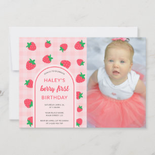 Strawberry Cute Berry First 1st Birthday Photo Invitation