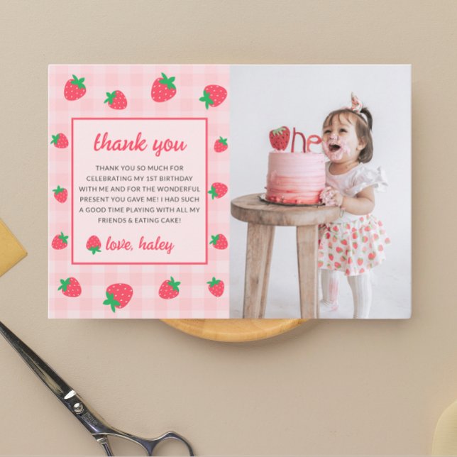 Strawberry Cute Berry First 1st Birthday Photo Thank You Card (Creator Uploaded)