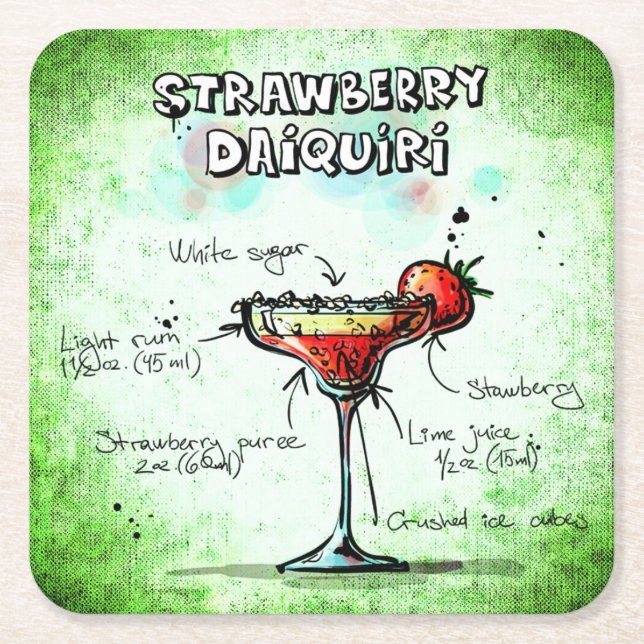 Strawberry Daiquiri Drink Recipe Square Paper Coaster (Front)