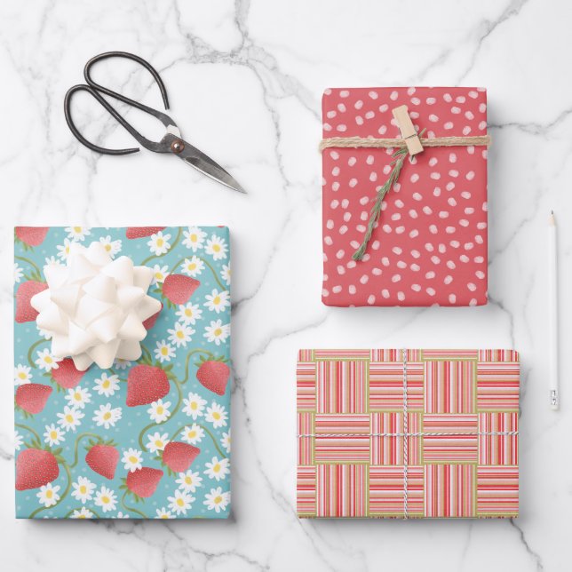 Strawberry Daisy and Coral n Pink and Teal Wrapping Paper Sheet (Front)