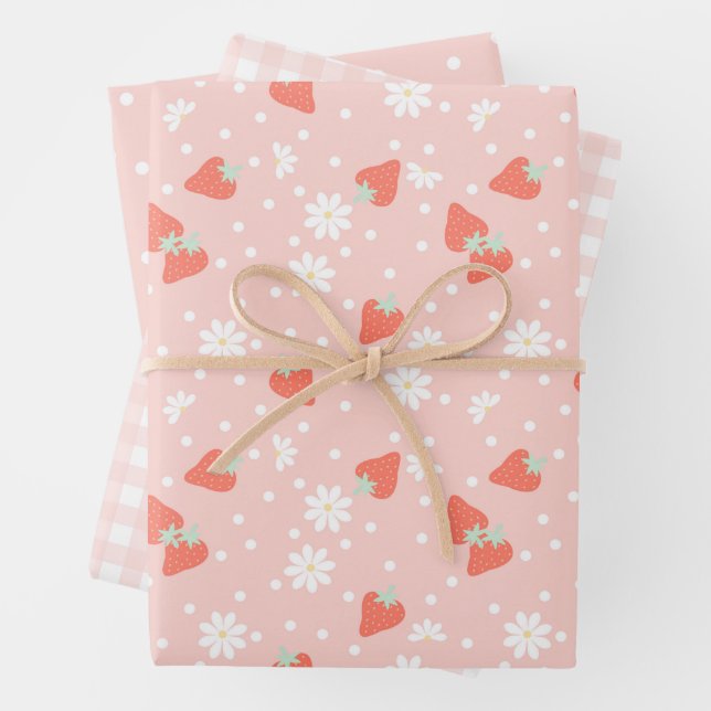 Strawberry Daisy Berry Sweet Birthday Party Wrapping Paper Sheet (In situ)