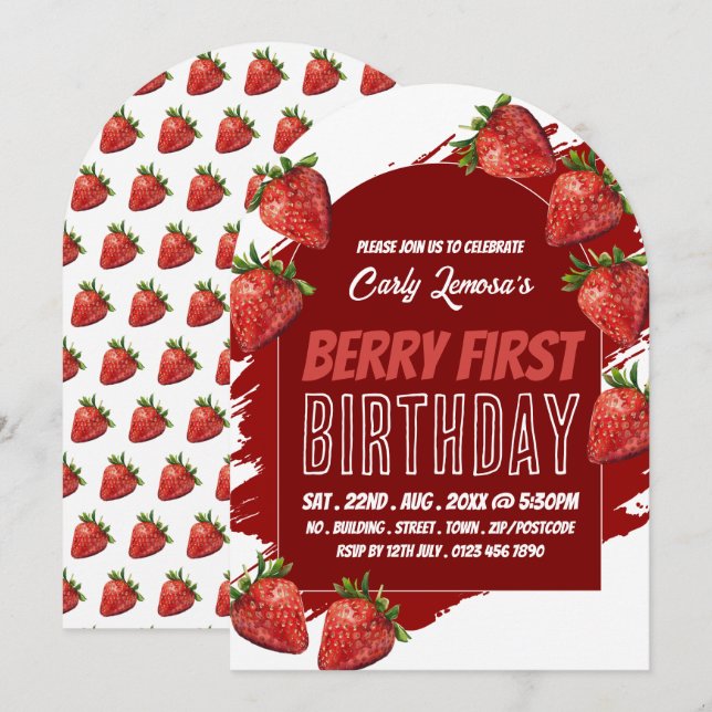 Strawberry Design, Berry First Birthday Invitation (Front/Back)