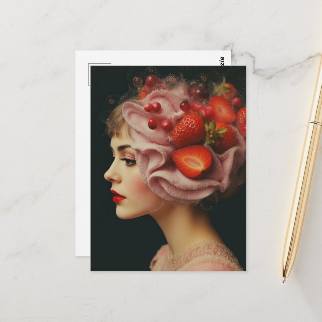 Strawberry Dessert Woman Collage Postcard (Front/Back In Situ)