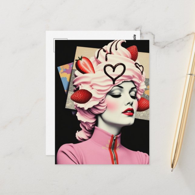 Strawberry Dessert Woman Mixed Media Collage Postcard (Front/Back In Situ)