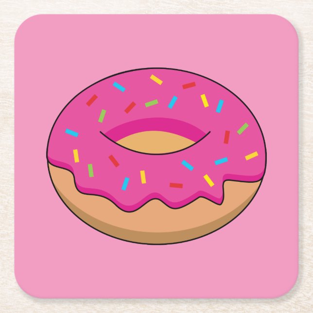 Strawberry Doughnut with Sprinkles Cartoon Square Paper Coaster (Front)