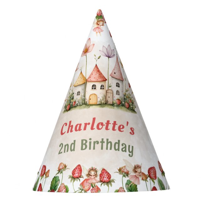 Strawberry enchanted fairy garden birthday  party hat (Front)