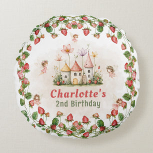 Strawberry enchanted fairy garden birthday round cushion