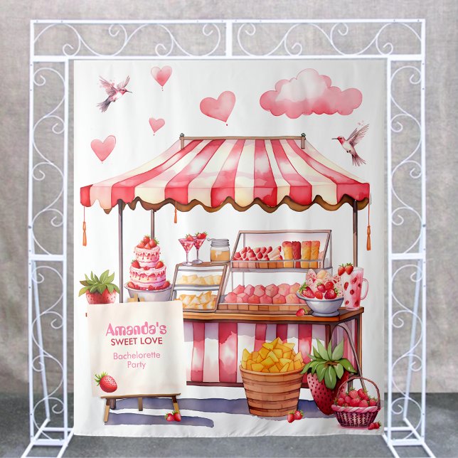 Strawberry Fair Stand Party Backdrop Photobooth Tapestry (Country Strawberry market fair stand bachelorette bridal shower name wall backdrop photobooth pink)