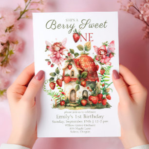 Strawberry Fairy Berry Sweet Girls First Birthday Invitation