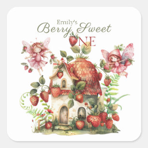 Strawberry Fairy Berry Sweet Girls First Birthday Square Sticker