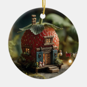 Strawberry Fairy House with Miniature Washing Line Ceramic Tree Decoration
