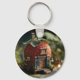 Strawberry Fairy House with Miniature Washing Line Key Ring
