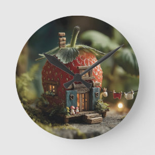 Strawberry Fairy House with Miniature Washing Line Round Clock