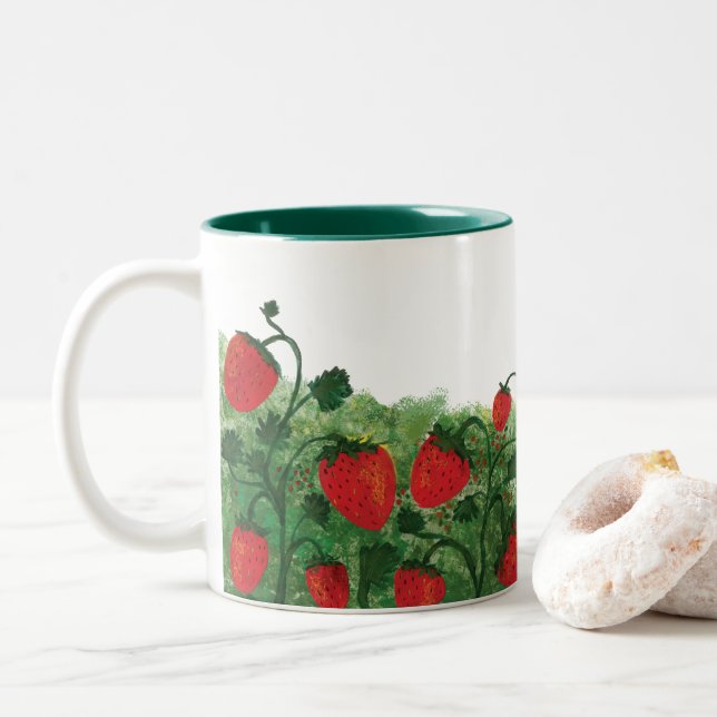 Strawberry Field Watercolor Illustration Two-Tone Coffee Mug (With Donut)