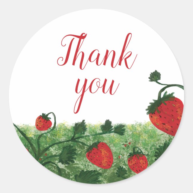 Strawberry Field Watercolor Thank You Classic Round Sticker (Front)
