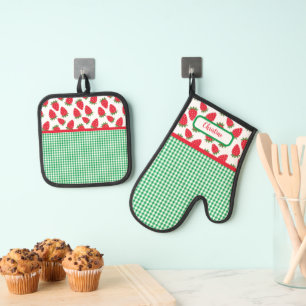 Strawberry Fields and Green Gingham Check Oven Mitt & Pot Holder Set