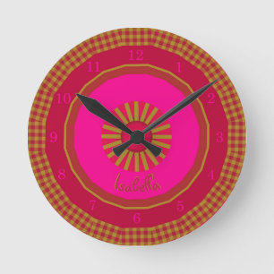 Strawberry Fields Checks Monogrammed Round Clock