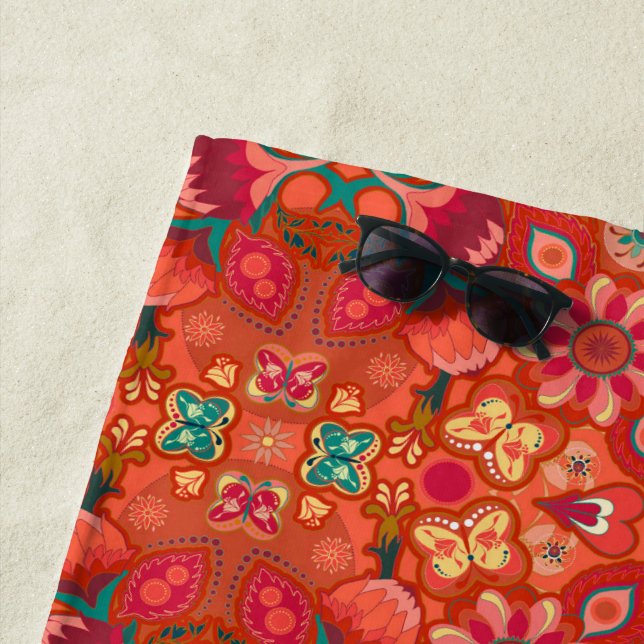 Strawberry Fields Coral Paisley  Beach Towel (In Situ)