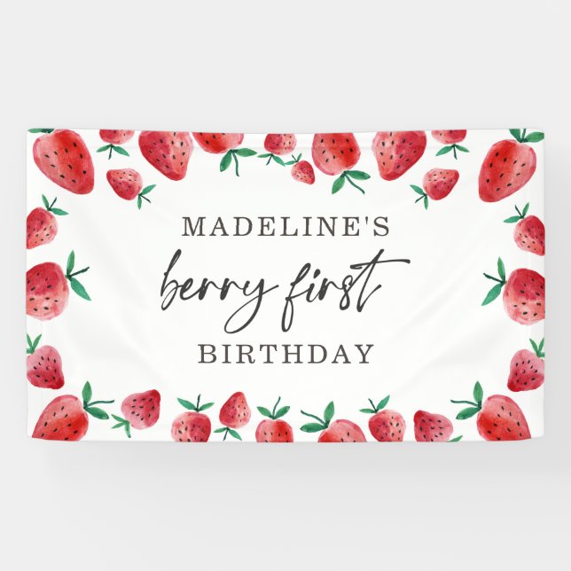 Strawberry First Birthday 1st Berry Sweet Backdrop Banner (Horizontal)