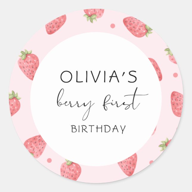 Strawberry First Birthday 1st Berry Sweet Favour  Classic Round Sticker (Front)