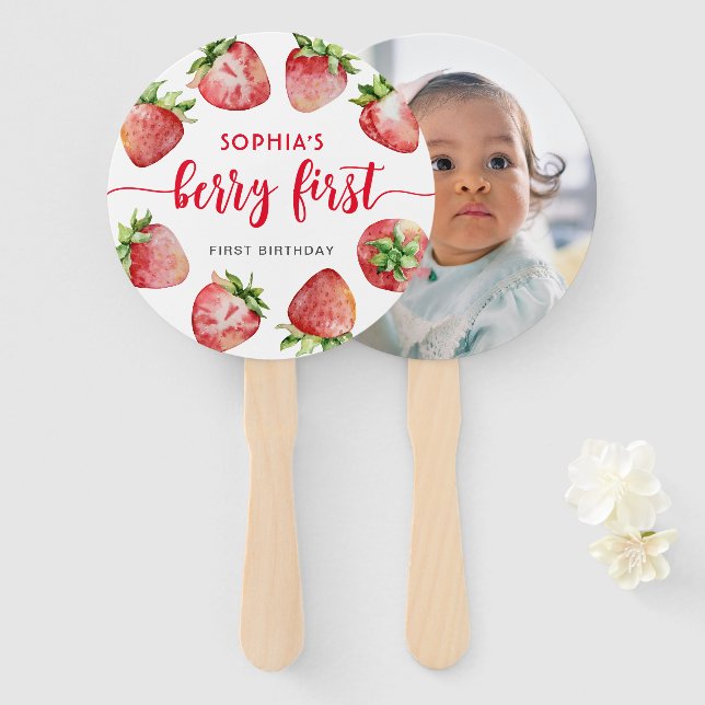 Strawberry First Birthday Berry Sweet Photo Hand Fan (Front and Back)
