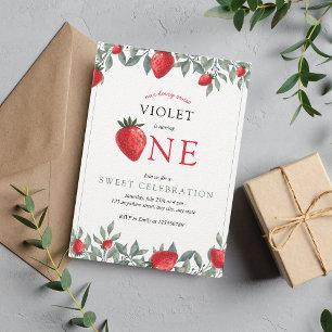 Strawberry First Birthday   Berry Sweet Watercolor Invitation