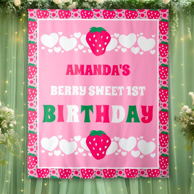 Strawberry First Birthday Celebration Backdrop Tapestry (Creator Uploaded)