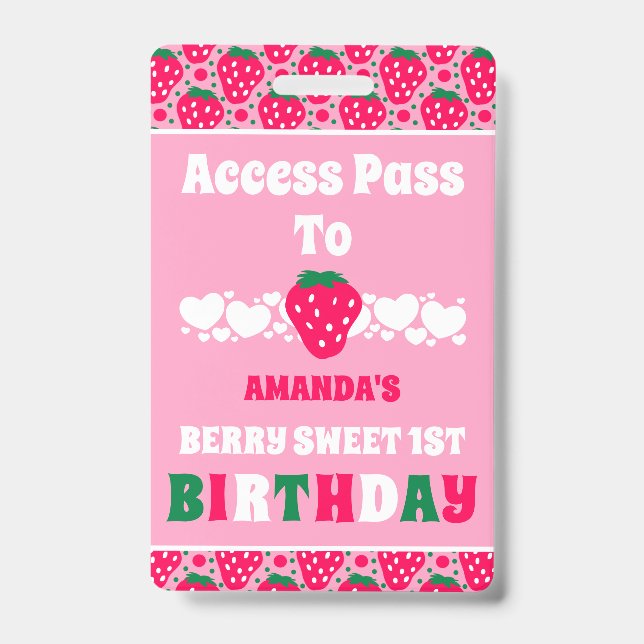 Strawberry First Birthday Celebration ID Badge (Front)