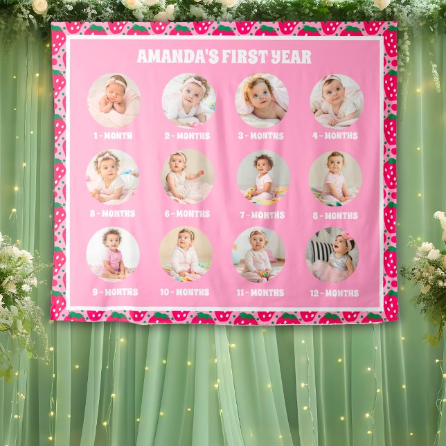 Strawberry First Birthday Celebration Milestone Tapestry (Creator Uploaded)