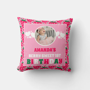 Strawberry First Birthday Celebration Photo Cushion