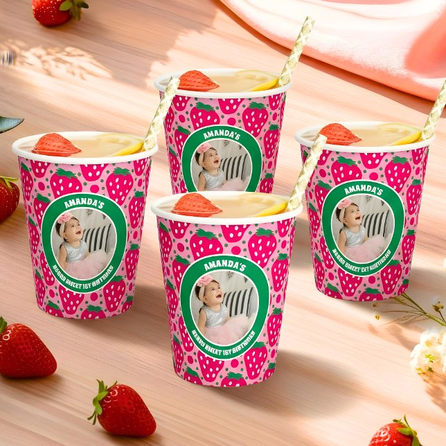 Strawberry First Birthday Celebration Photo Paper Cups (Creator Uploaded)