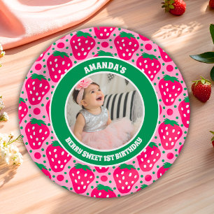 Strawberry First Birthday Celebration Photo Paper Plate