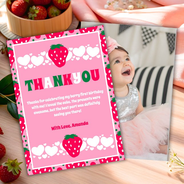 Strawberry First Birthday Celebration Photo Thank You Card (Creator Uploaded)