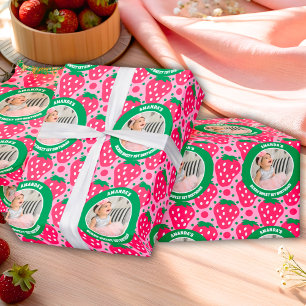 Strawberry First Birthday Celebration Photo Wrapping Paper