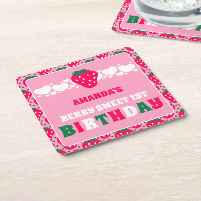 Strawberry First Birthday Celebration Square Paper Coaster (Angled)