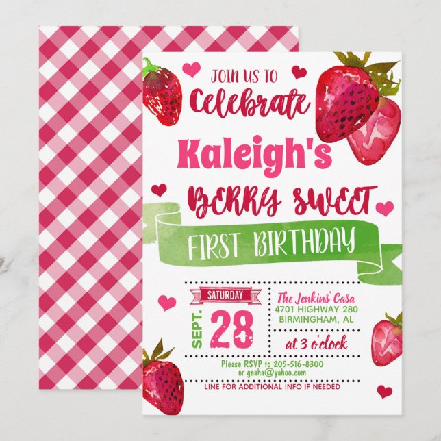 Strawberry First Birthday Invitation (Front/Back)